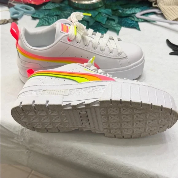Puma Women's White and Neon platform Sneakers - Picture 4 of 5
